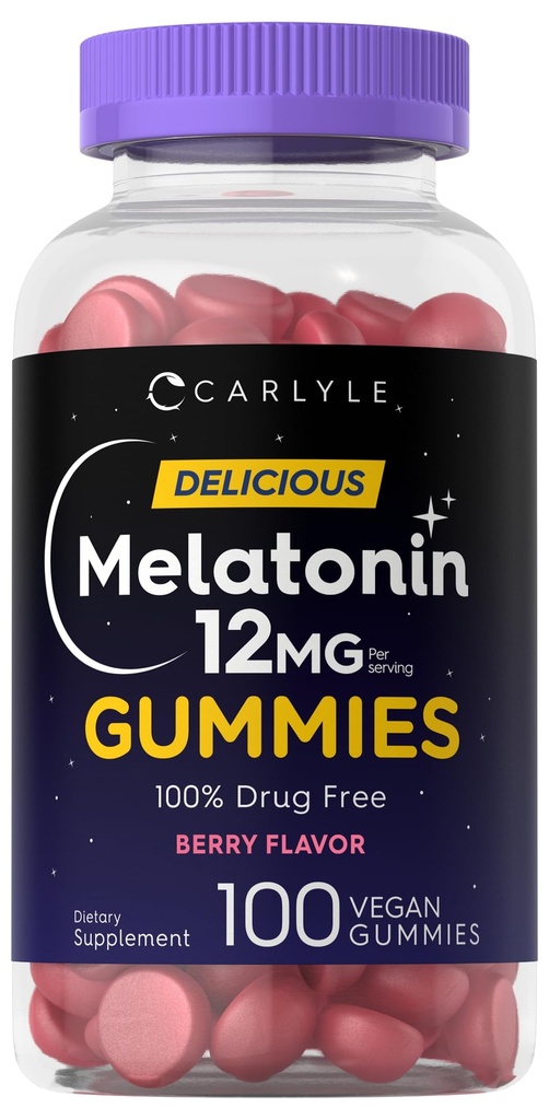 Carlyle Melatonin Gummies 12mg - 100 Skaits -- Berry Flavor -- Vegan Papildinājums -- Non-GMO, bez lipekļa