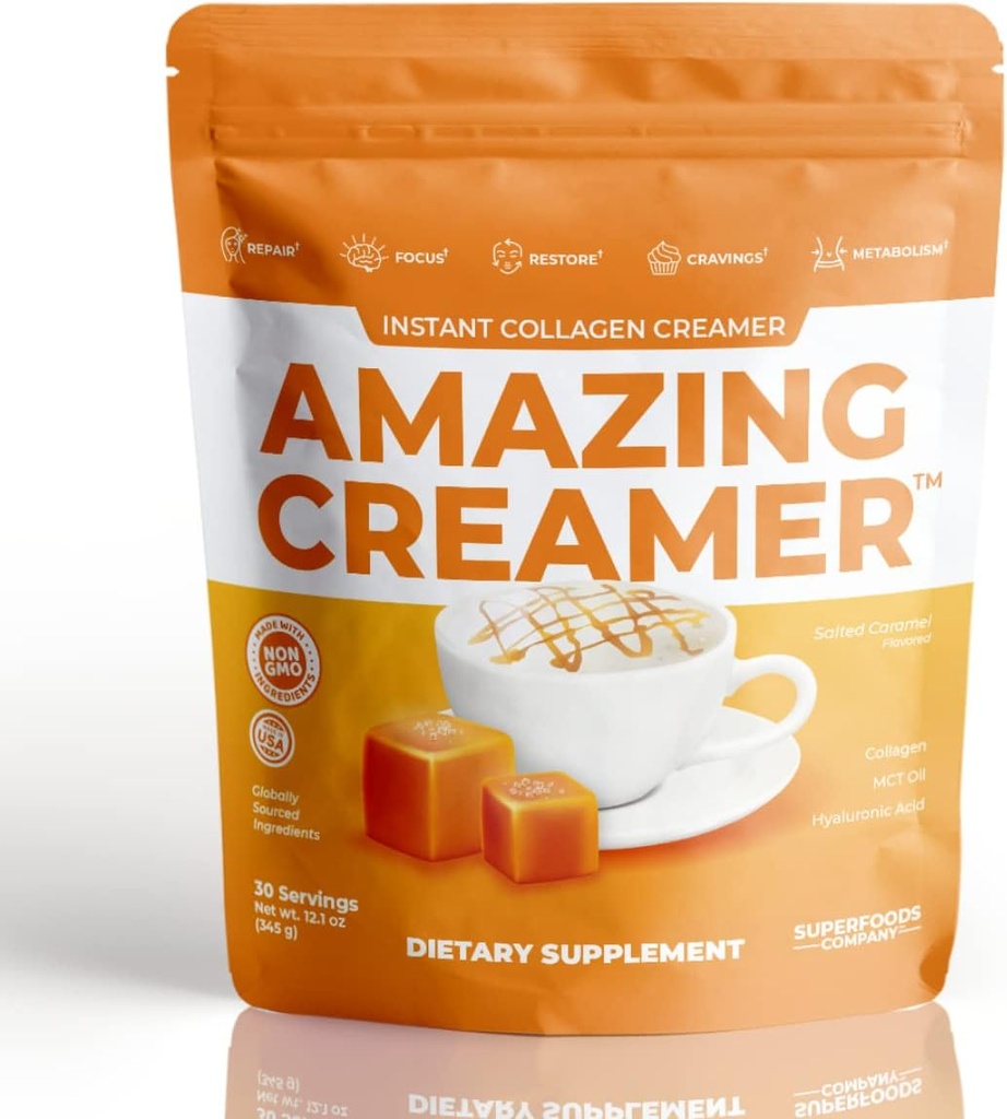 Superfoods Company Amazing Krēmētājs ar kolagēnu - Keto Creamer-Hyaluronic Acid & MCT Oil - Brain Boost & Curbs Cravings - Atbalsta veselīgu ādu un matus - Diēta-Draudzīgi [30 Kalpo] [Saldināts Karamelis]