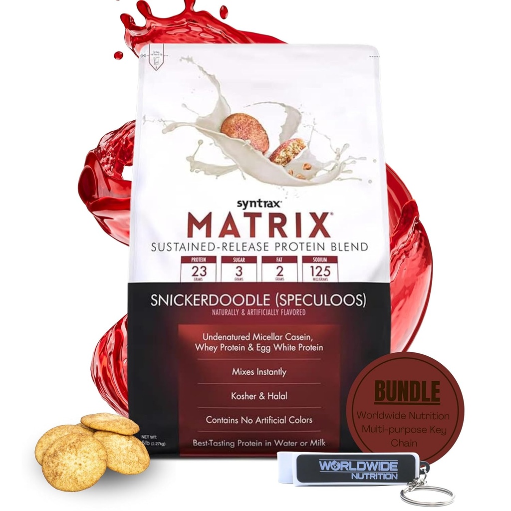 Syntrax Bandle: Matrix Protein Powder Noturīgs Kazeīna Protein and Whey Protein Powder - Instant Mix Snickerdoodle Protein Powder Flavor, 5lbs ar vispasaules uztura Keychain