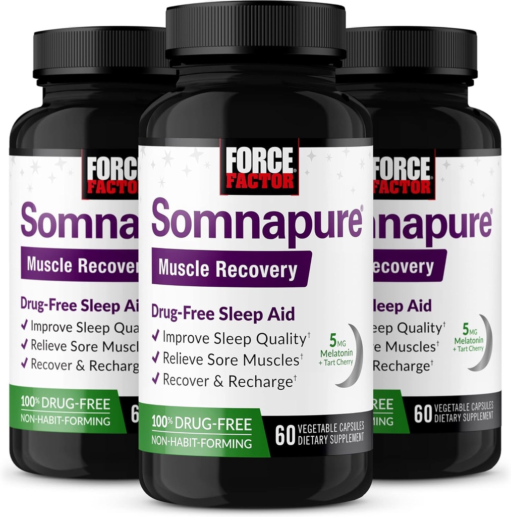 FORCE FACTOR Somnapure Muskuļu atveseļošanās Miega atbalsts pieaugušajiem ar Melatonīnu 5 mg, Svēto Baziliku un L-teanīnu, Miega atbalsta papildinājums, Muskuļu Soreness Removal, & Muskuļu atveseļošanās, 180 Caps, 3 iepakojums