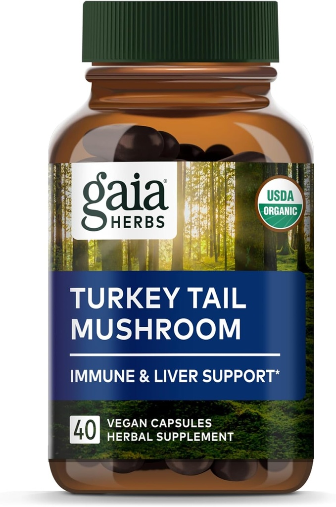 Gaja Ārstniecības augi Turcija Astes sēnes - Imūnais atbalsta papildinājums, lai palīdzētu uzturēt aknu veselību - ar Organic Turcija Astes Sēnes Augļkopības Ķermeņa ekstrakts - 40 Vegan Kapsulas