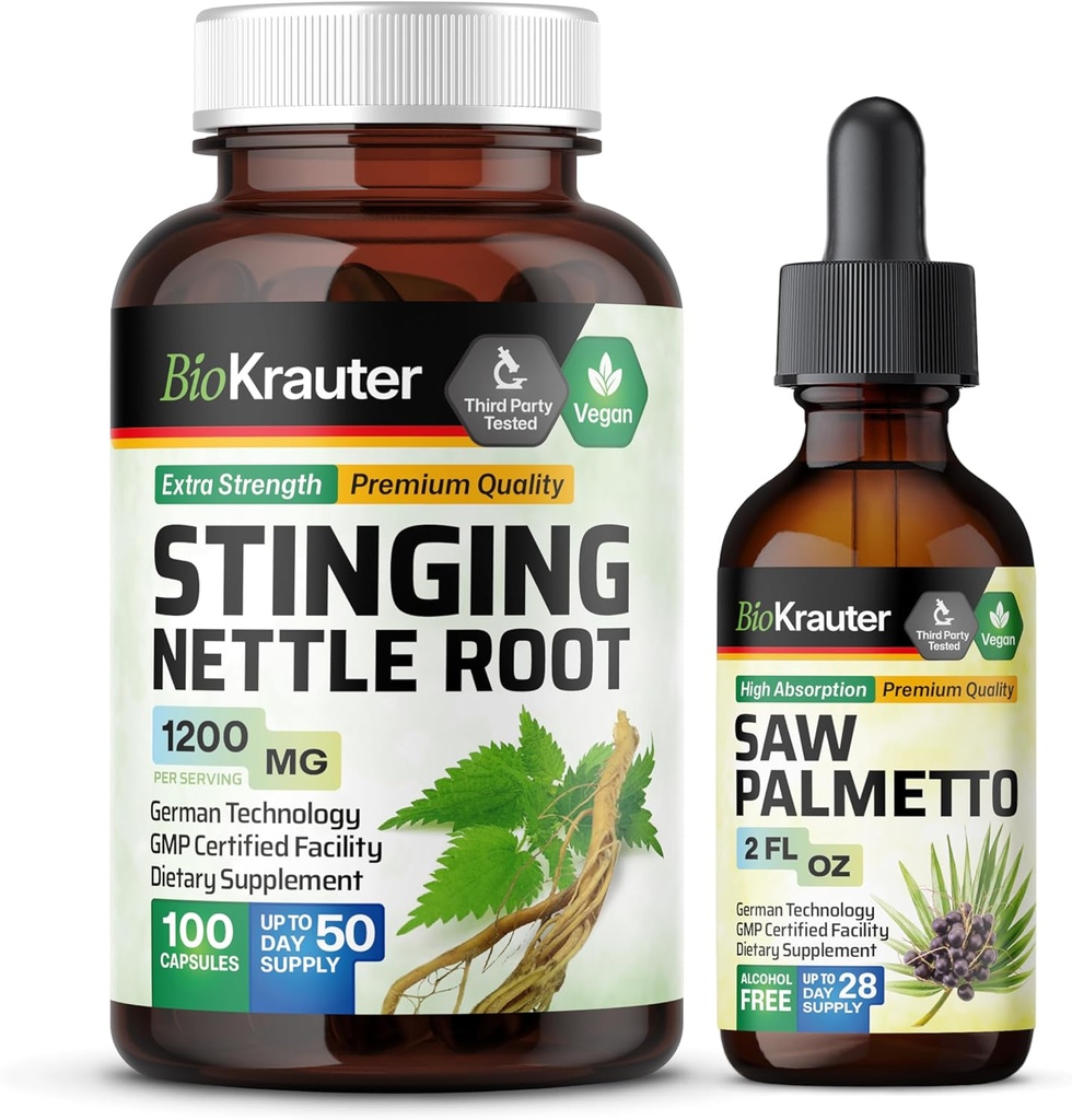 BIO KRAUTER Stinging Nattle 100 Kapsulas un zāģis Palmetto Tinktūra 2 Fl. Oz.