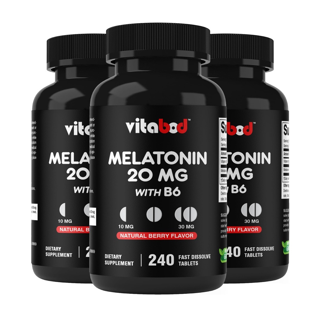 Melatonīns 20 mg - 240 Ātri izšķīdiniet tabletes - Bez zālēm - Dabīgais berzis Flavor - Veģetārs, ne-GMO, bez lipekļa 240 Skaits (iepakojums no 3)