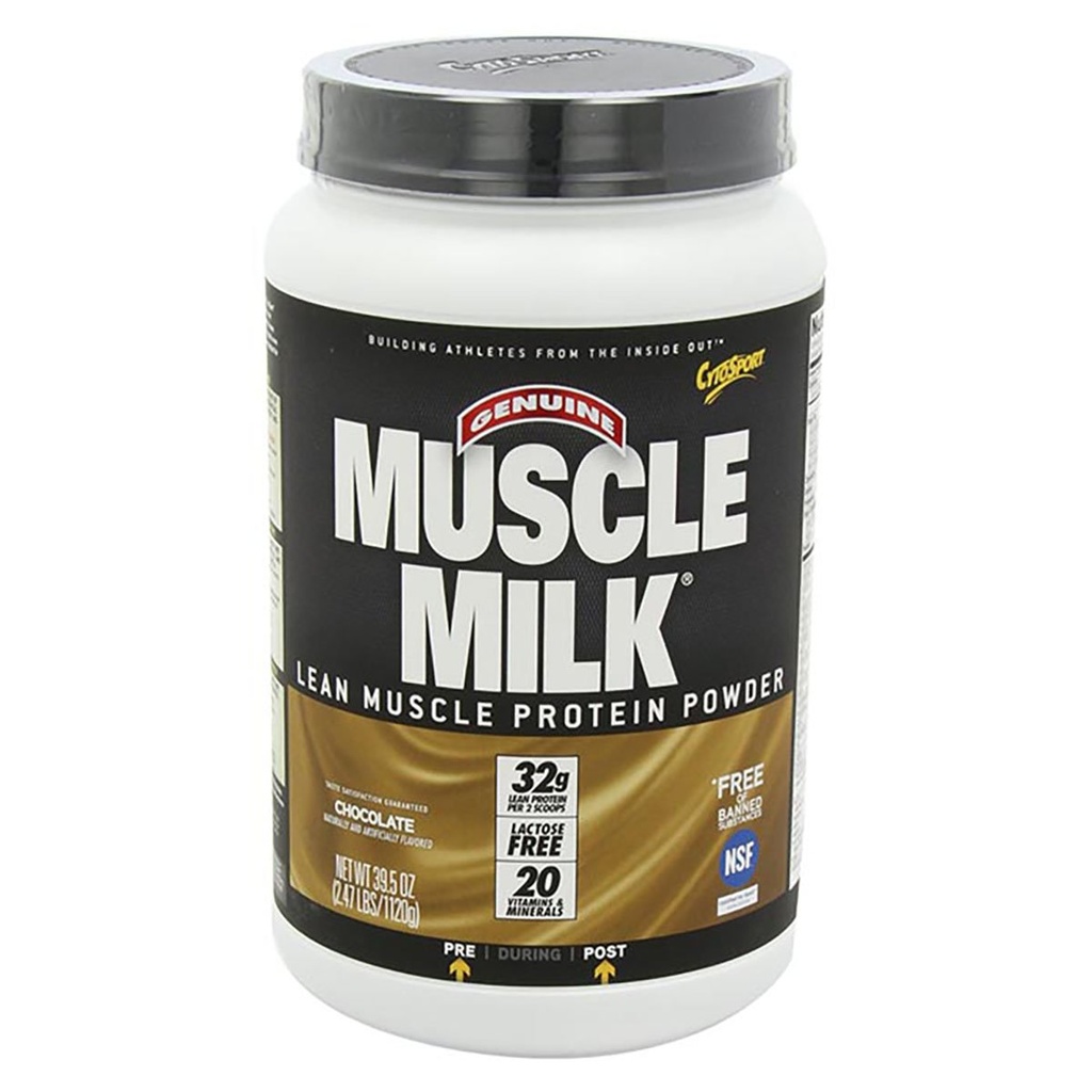 Muskuļu piens Genuine Protein pulveris, Šokolāde, 2.47 Pound, 16 Servē, 32g Olbaltumvielas, 3g Cukura, Kalcijs, Vitamīni A, C & D, NSF Sertificēts sportam, Energizing Snack, Iepakojums May Vary