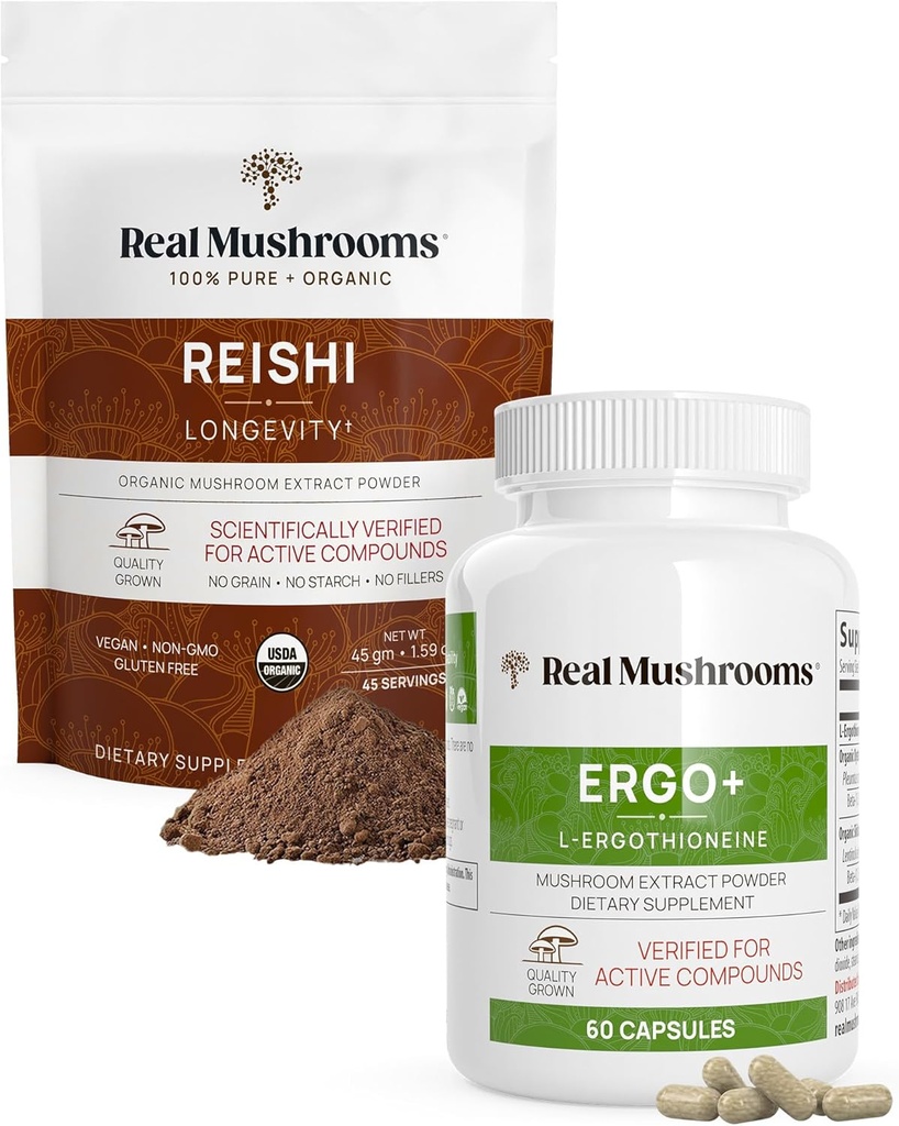 Īstas sēnes Ergotioneīns (60ct) un Reishi Organic Powder (45 Servē) Bundle ar Shiitake un austeru Sēņu ekstrakti - Garenība un relaksācija -Vegan, bez lipekļa, ne-GMO