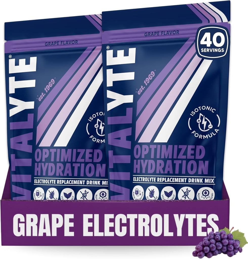 Vitalyte Electrolyte pulvera maisījums, izotonisks elektrolītu hidrācijas maisījums, bez glutēna pēc glutēna pulvera maisījums, iepakojumā 2, 35 oz. Katrs vīnogu deglis