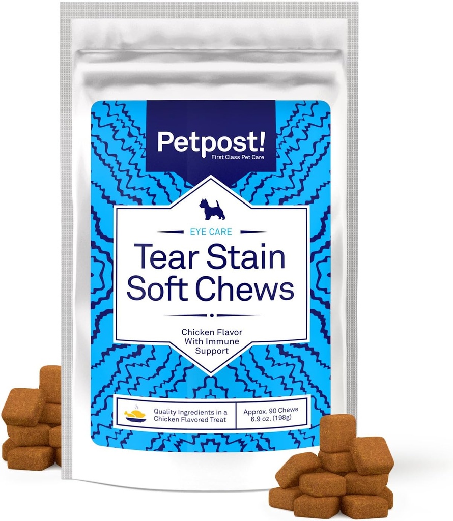 Petpost Tear Stain Remover Soft Košļājamās košļājamās rotaļlietas suņiem, 90 Count Chicken Flavor Dog Tear Stain Support Papildinājums ; Maiga acu kopšana baltiem suņiem un gaismām; bez tylosin, izgatavots ASV