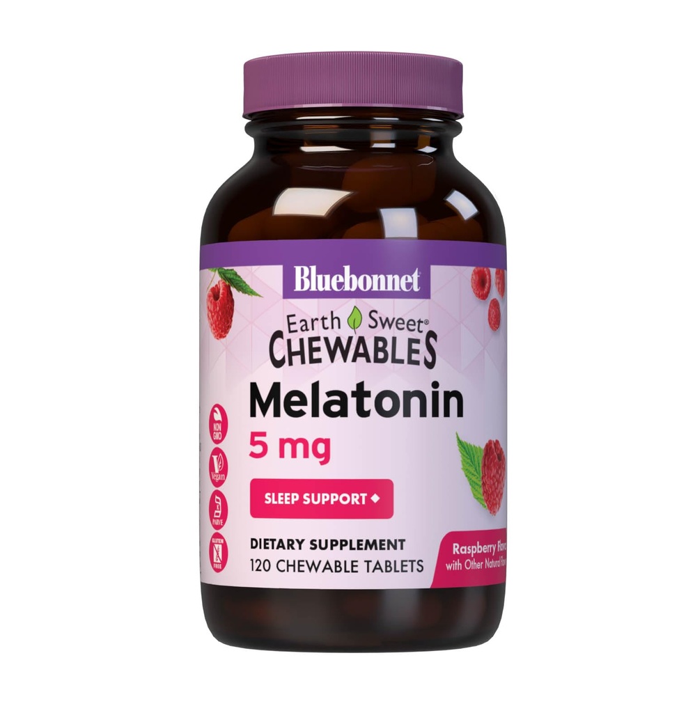 Bluebonnet Nutrition EarthSweet Melatonin 5 mg Ātri iedarbojieties Ātri Atslābināt Nakts relaksācija & Atpūtas Miega atbalsts - Miega atbalsts - Bez lipekļa, Vegan - Aveņu Flavor - 120 košļājamās tabletes