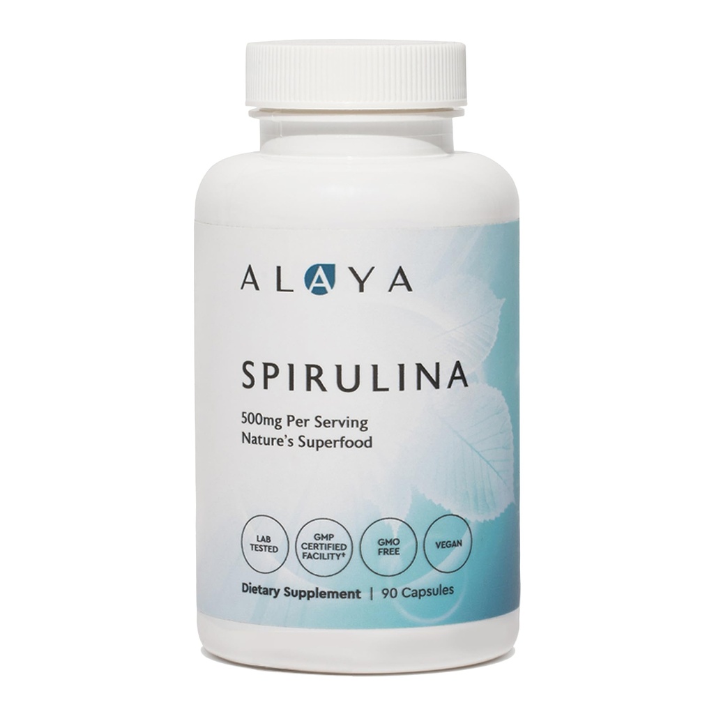 Alaya Naturals - Pure Spirulina kapsulas - Izgatavotas ar earthrise Spirulina, Blue Green Algae Superfood - Ne-GMO un Vegan - 500 mg, 90 kapsulas