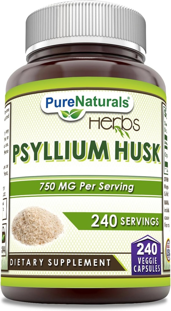 Pure Naturals Psyllium Husk Papildinājums - 750 Mg Per Servējot -- 240 Veggie Kapsulas - Non-GMO --Lutten-free -Ražots ASV