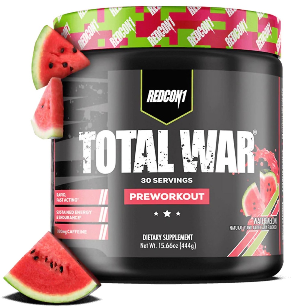 REDCON1 Total War Pre Workout, arbūzs - L Citrulline, Malic acid, Green Tea Leaf ekstrakts sūknis Boost Pre Workout sievietēm un vīriešiem - 3.2g Beta alanīns, lai samazinātu izplūdes (30 Kalpo)