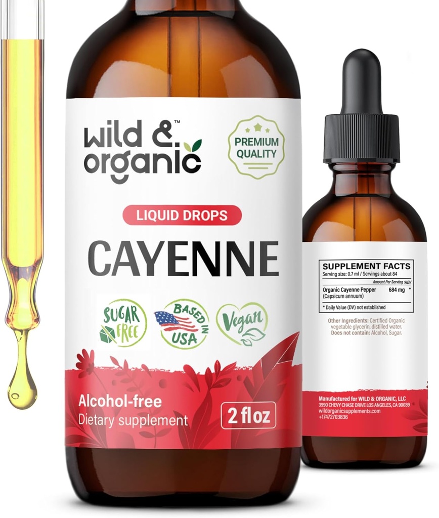 Wild & Organic Cayenne Piparu Tincture - kapsaicīns piedevas gremošanas atbalstam - Cayenne Piparu ekstrakts Šķidrs - Vegan, bez alkohola pilieni - 2 fl oz
