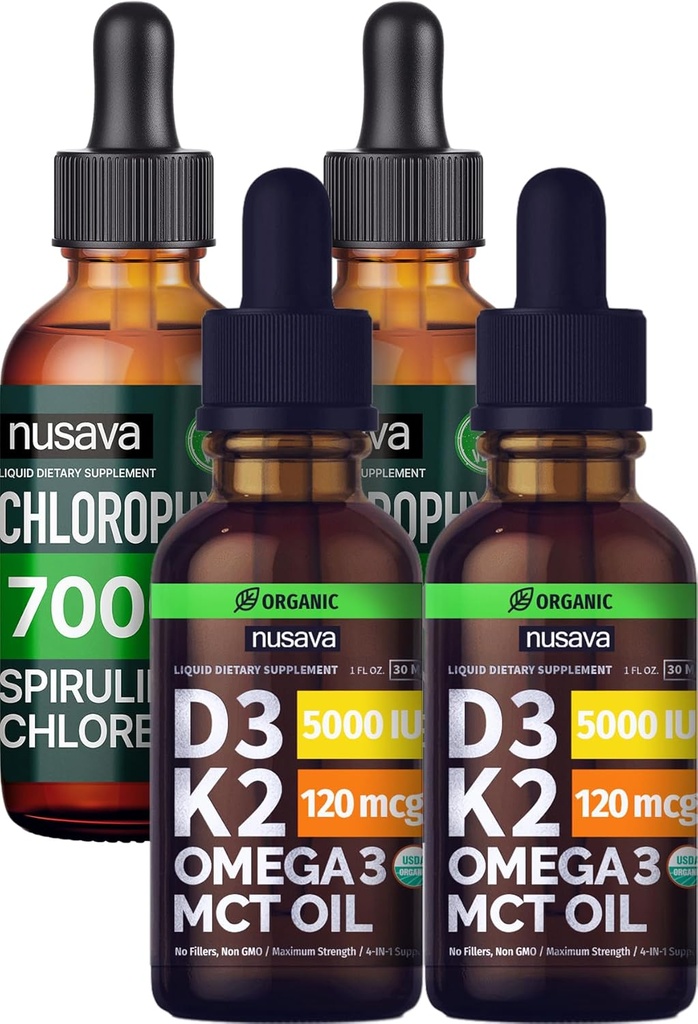 NUSAVA Neuzliesmojoši D3 K2 pilieni un hlorofila šķidrie pilieni Bundle - spēcīgi šķidrie vitamīni sirdij, locītavām, enerģijai, un imūnās sistēmas atbalstam - ne-GMO, bez lipekļa, 2pk Katrs