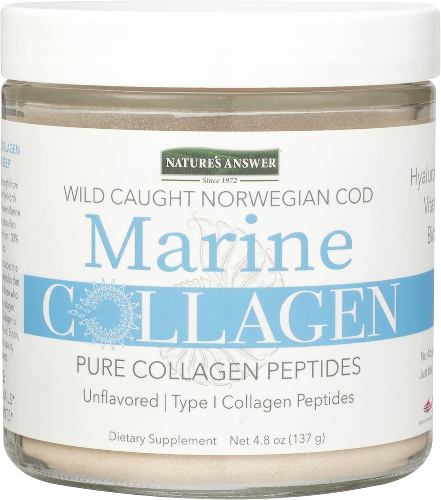 Dabas atbilde Jūras kolagēns Šķidrums ) Savvaļas caugoties Norweigen Cod  ) Pure Kolagēns Peptīdi ar Hyaluronic Acid & Biotin ) Atbalsta Veselīgi mati, āda, Nagas, Kauli & Locations ] Gluten-Free 4.8oz