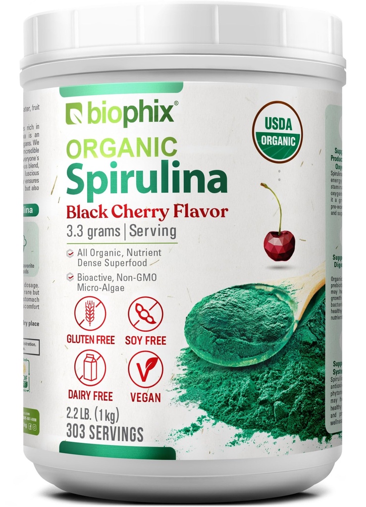 biophix Organic Spirulina pulveris 2.2 lb Black Cherry Flavor - Protein-Rich Nutrient-Dense Superfood - spēcīgs antioksidants - atbalsta imūno veselību