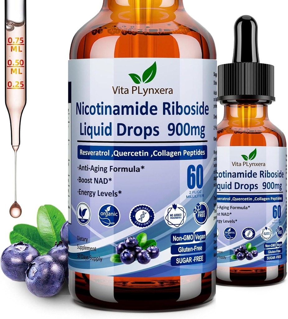 NAD papildinājumi sievietēm un vīriešiem, NAD Nikotinamīds Riboside Resveratrol 900mg & Quercetin, Niacin, Collagen, Biotin, Liquid NAD Plus papildinājums NR900 pretnovecošanās ādas enerģija Longevity Focus Brain