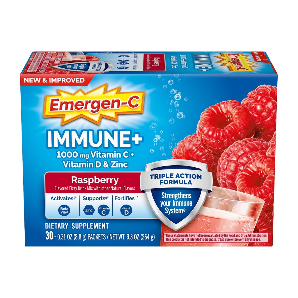 Emergen-C Imūnās+ Triple darbība Imūnās atbalsta pulveris, BetaVia (R), 1000mg vitamīns C, B Vitamīni, vitamīns D un antioksidanti, aveņu, Atpakaļ uz skolu Essentials – 30 Skaits