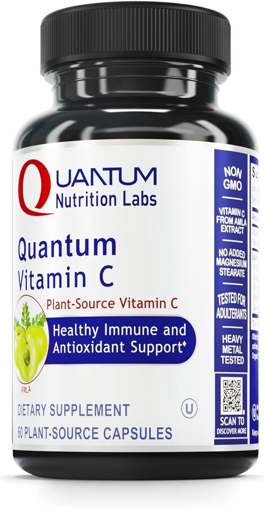 Quantum Nutrition Labs Quantum Vitamīnu C- Organic Natural Vitamīnu C papildinājums sievietēm un vīriešiem, Vesela pārtika C vitamīna avots, Pure with Bioflavonoids, un Amla, AIDS Imūnsupport- 60 Vegan kapsulas