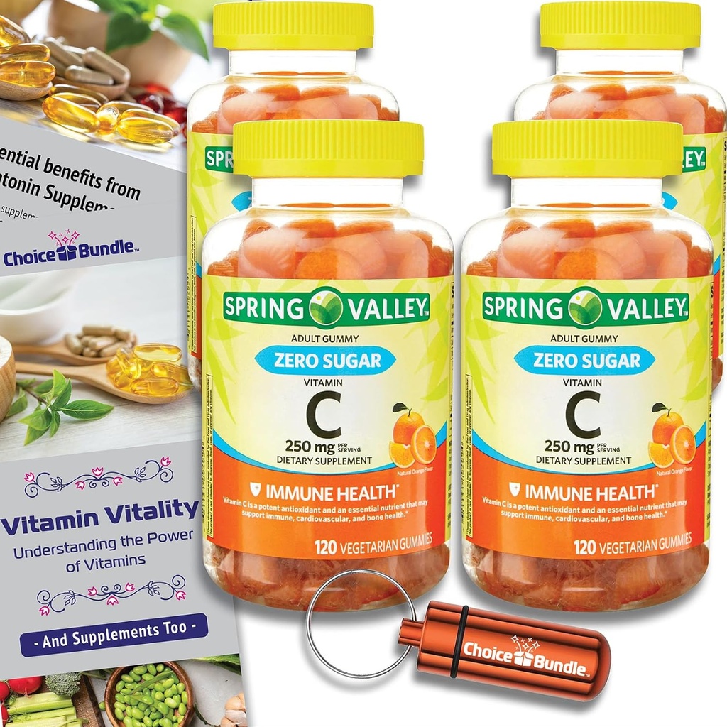 Izvēles Bundle Spring Valley Zero Cukurs Vitamīns C Gumies Diētiskā Papildinājums 250 mg 120 Ct 4 pk (480 Kopā) + Vitamīnu Guide & Pill Konteiners (6 Vienības)!