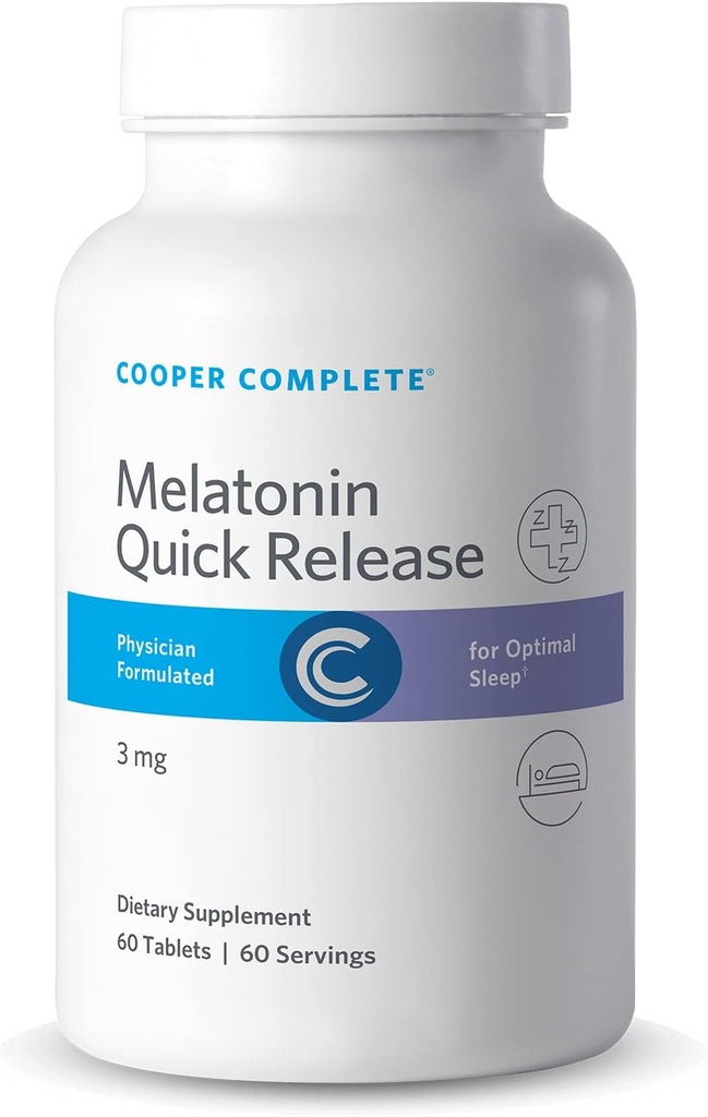 Cooper Complete - Quick Release Melatonin - 3 mg ātras šķīdināšanas tabletes, miega atbalsta papildinājums - 60 tabletes katrā pudelē. Iepakojumā 2 flakoni