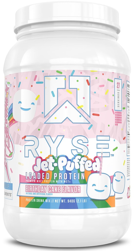 RYSE ielādēts olbaltumvielu pulveris - Jet-Puffed dzimšanas dienas kūka - 25g sūkalu proteīns Izolāts & Koncentrāts ar Prebiotic Fiber & MCT - Zems Karbs, zems cukurs, Gremošanas-Draudzīgi - 27 Kalpojumi / 2 lb Tub
