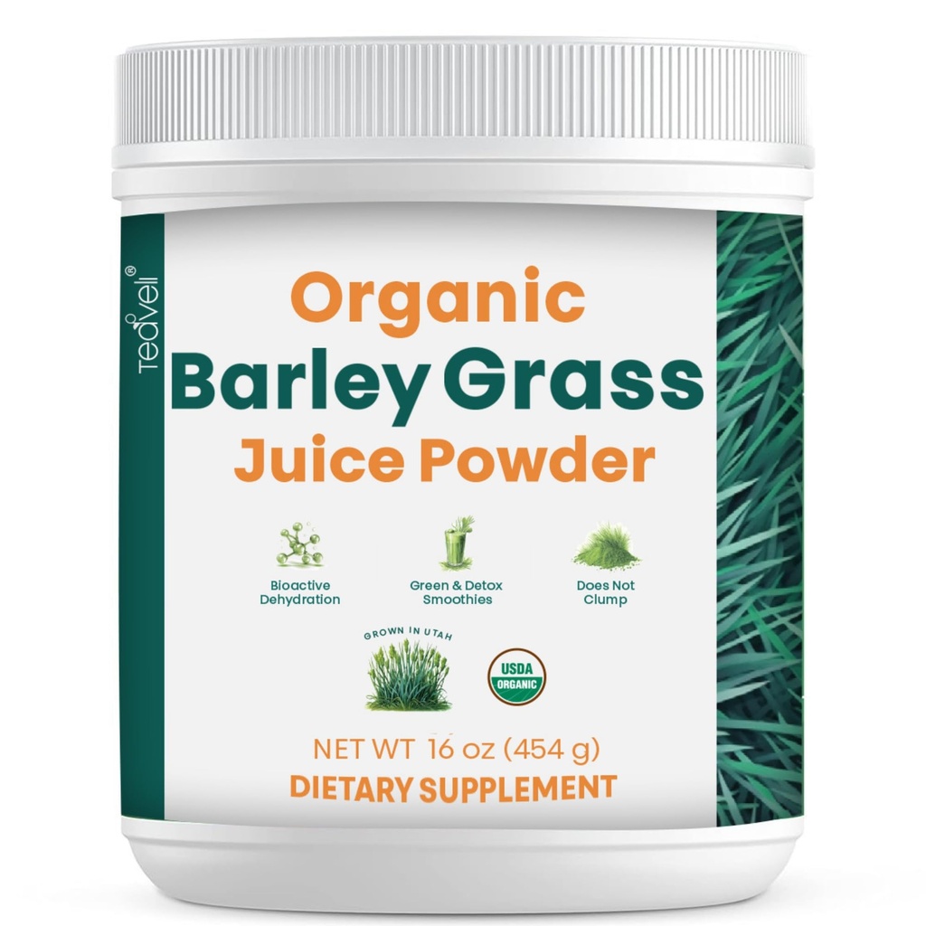 Teaveli Organic Barley Grass Juice Powder- Grown and Harvested in the Fertile Utah Soil - 16 Ounces (454 Grams)