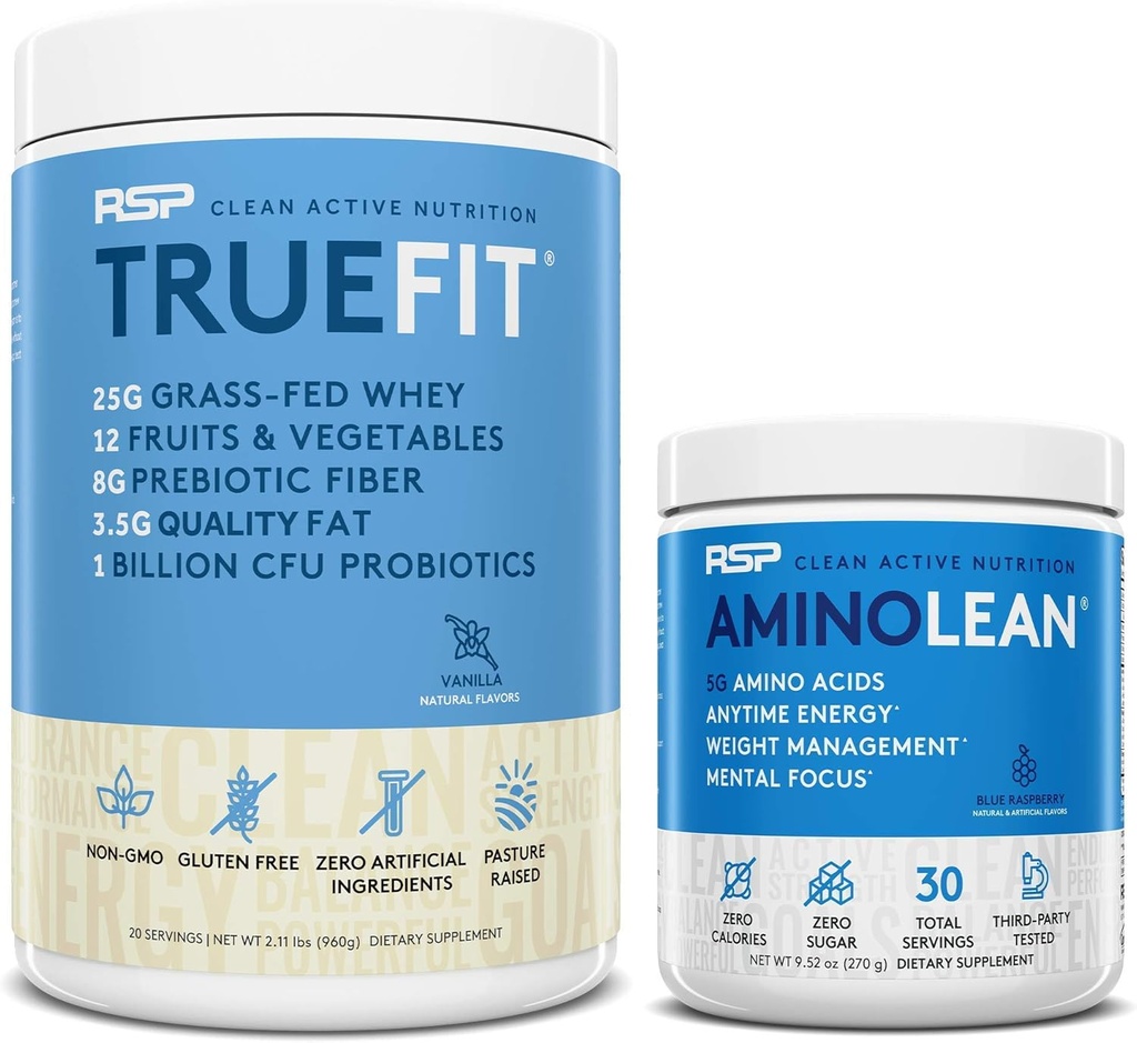 AminoLean Pre Workout Enerģija (Blue Avenes 30 Servē) ar TrueFit Protein pulveris (Vanilla 2 LB)