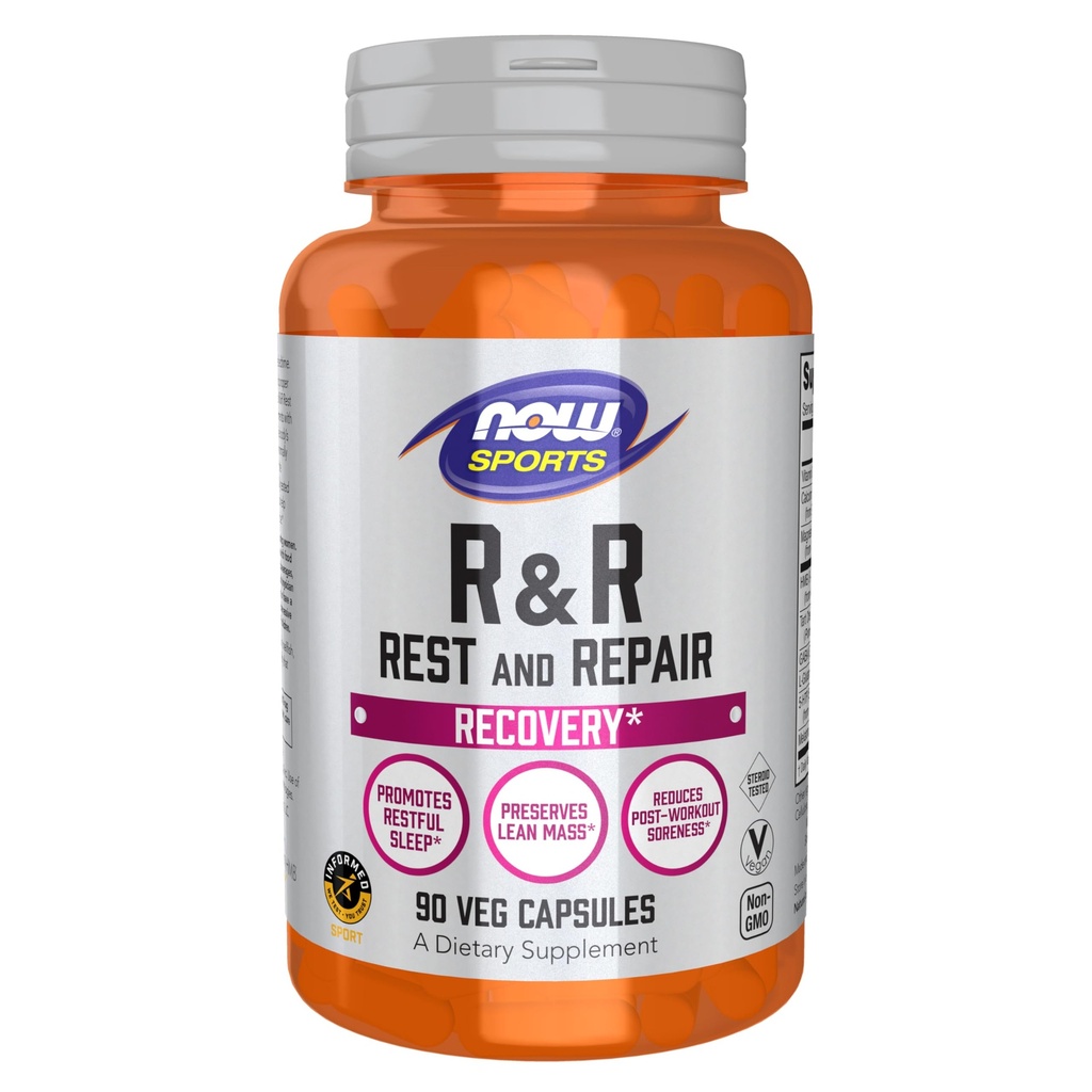 NOW Foods Sports Uzturs, R&R Atpūta un remonts, Atjaunošana*, Veicina Restful Miega*, Saglabā Lean Mass, Samazina pēcdarbs Soreness*, Vegan, NGMO, 90 Veg kapsulas