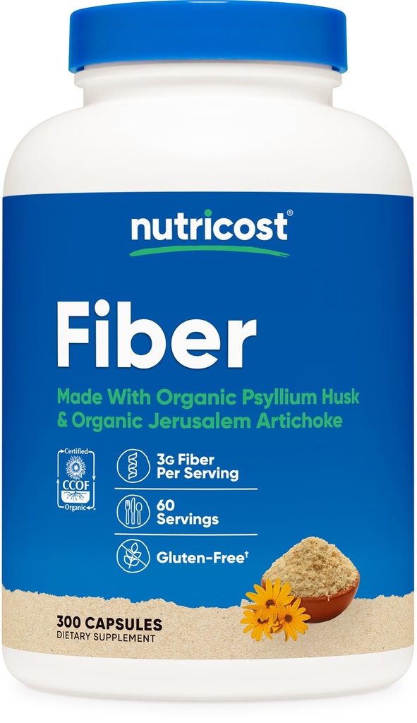 Nutricost Fiber Kapsulas ar Prebiotic Fiber papildinājums 300 Kapsulas - izgatavotas no Organic Psyllium Husk & Organic Jerusalem Artichoke, 60 Servējumi, bez lipekļa, 3 G Per Servē