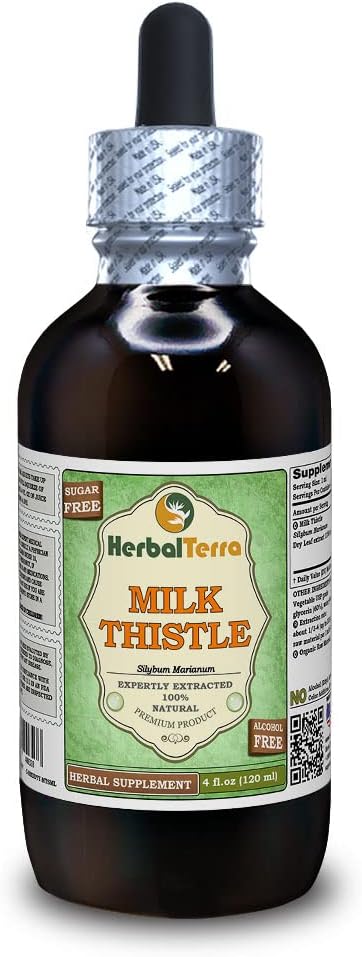 Piena dadzis (Silybum Marianum) Glicerīts, Organiskās Žāvētas lapas Bezalkohola šķidruma ekstrakts (zīmuļa nosaukums: HerbalTerra, Proudly Made in USA) 4 fl.oz (120 ml)