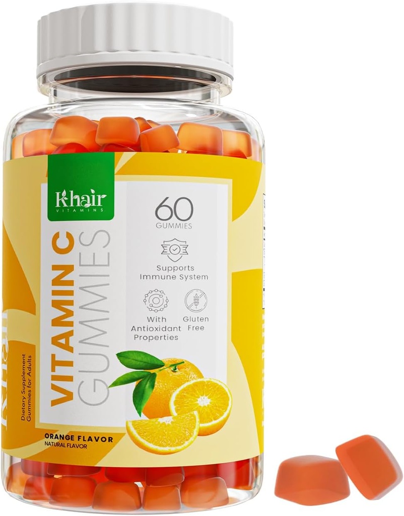 Khair Halal C vitamīns Gumies - ne ĢMO, bez lipekļa, bez želatīna, veģetārs - Imūnsupport Gumies, Halal Delicious Vitamīni pieaugušajiem un bērniem - 60 Gumijas