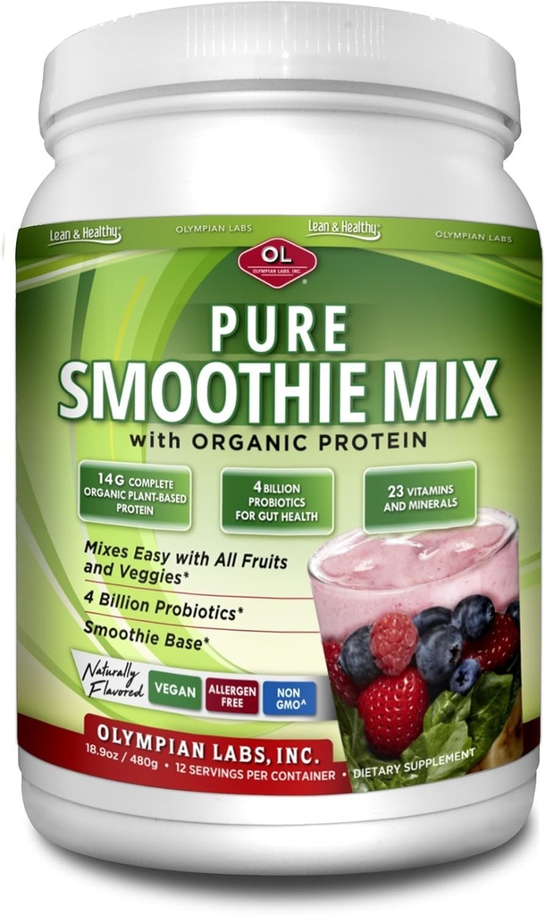Pure Smoothie Mix, Pea Protein Pulveris Plus Probiotikas, Vitamīni, Minerālvielas, CLA, & Linus sēklas.