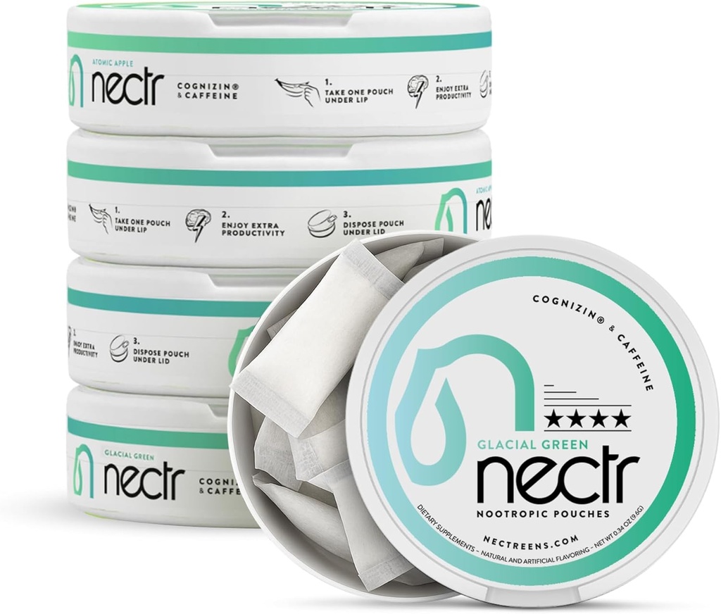 Nectr Energy Nootropie maisiņi – Glacial Green Wintergreen Kofeīns maisiņi ar Cognizin® Citicoline. Smadzenes bez cukura ārstē. Gluda, ilgstoša Focus & Enerģijas Papildinājums - 5 Pucks no 16pcs