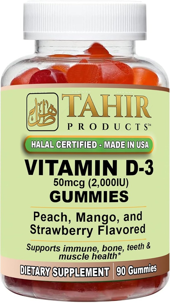 Tahir Halal vitamīns D3 2000 SV Gumijas – atbalsta kaulu un imūno veselību, veicina muskuļu funkcijas, bez lipekļa, Želatīns-free, 90 Dabīgs augļu uzlējums Gumijas, Ražots ASV – Halal Certified