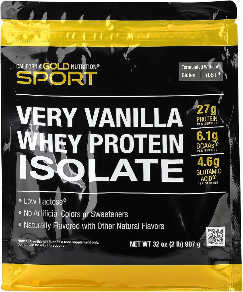 California Gold Nutrition Sport, Sūkalu olbaltumvielu izolāts ar organisko cukurniedru cukuru, ar saulespuķu lecitīnu, Ļoti Vanilla, 2 lb (907 g)