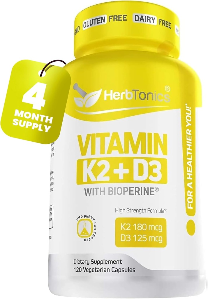 Imūnās sistēmas atbalsts K2 vitamīns (MK7) ar D3 5000 Iu papildinājumu + bioperīns (melnie pipari) • Spēcīgi kauli un sirds veselība -- K2 D3 komplekss - Viegli norīt 120 Veg kapsulas