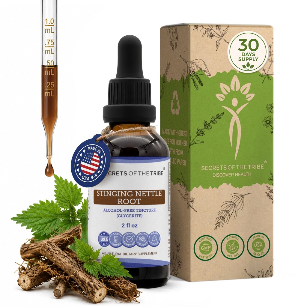 Noslēpumi no Tribe stinging Nettle Alkohola brīva šķidruma ekstrakts, Stinging Nettle (Urtica Dioica) Kaltētas saknes (2 FL OZ)