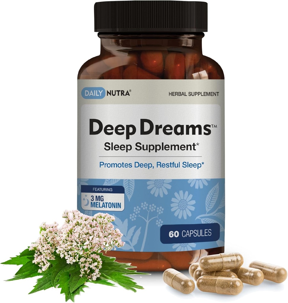 Dziļi sapņi ~ Dabīgs augu miega papildinājums veicina dziļu, mierīgu miegu, nekaitēkļu veidošanos ar melatonīnu, L-Tryptophan, Valerian, GABA, kumelītes, un Passionflower (60 kapsulas)