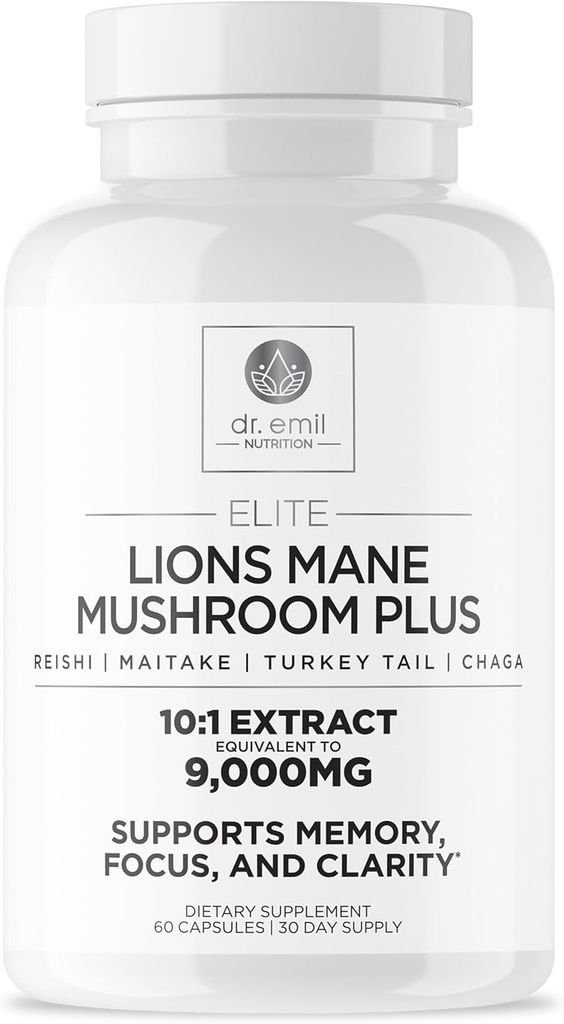 DR. EMIL UZTURĒŠANA 9000mg Organic Lions Mane Papildkapsulas ar Chaga, Reishi & Maitake - Dabīgs sēņu Blend Wellness Support