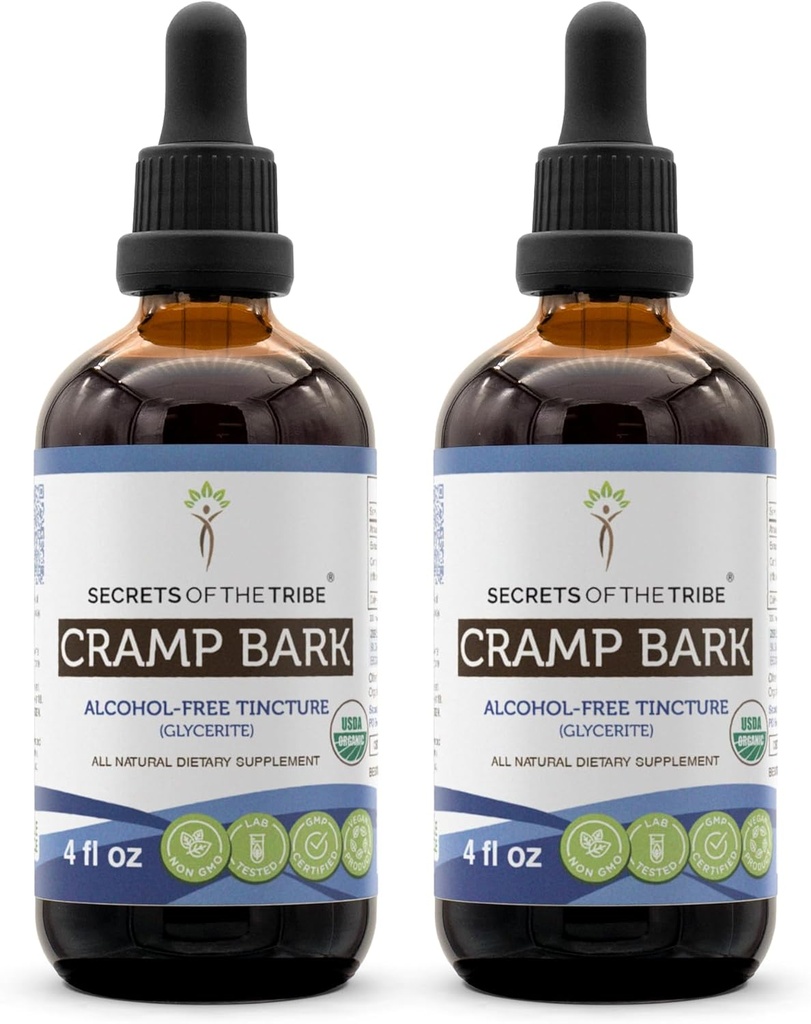Secrets of the Tribe Cramp Bark USDA Organisks - bezspirta ekstrakts, augstas skābes augu pilieni - Izgatavots no 100% Certified Organic Cramp Bark (Viburnum Opulus) Kaltēts Bark (2x4 FL Oz)