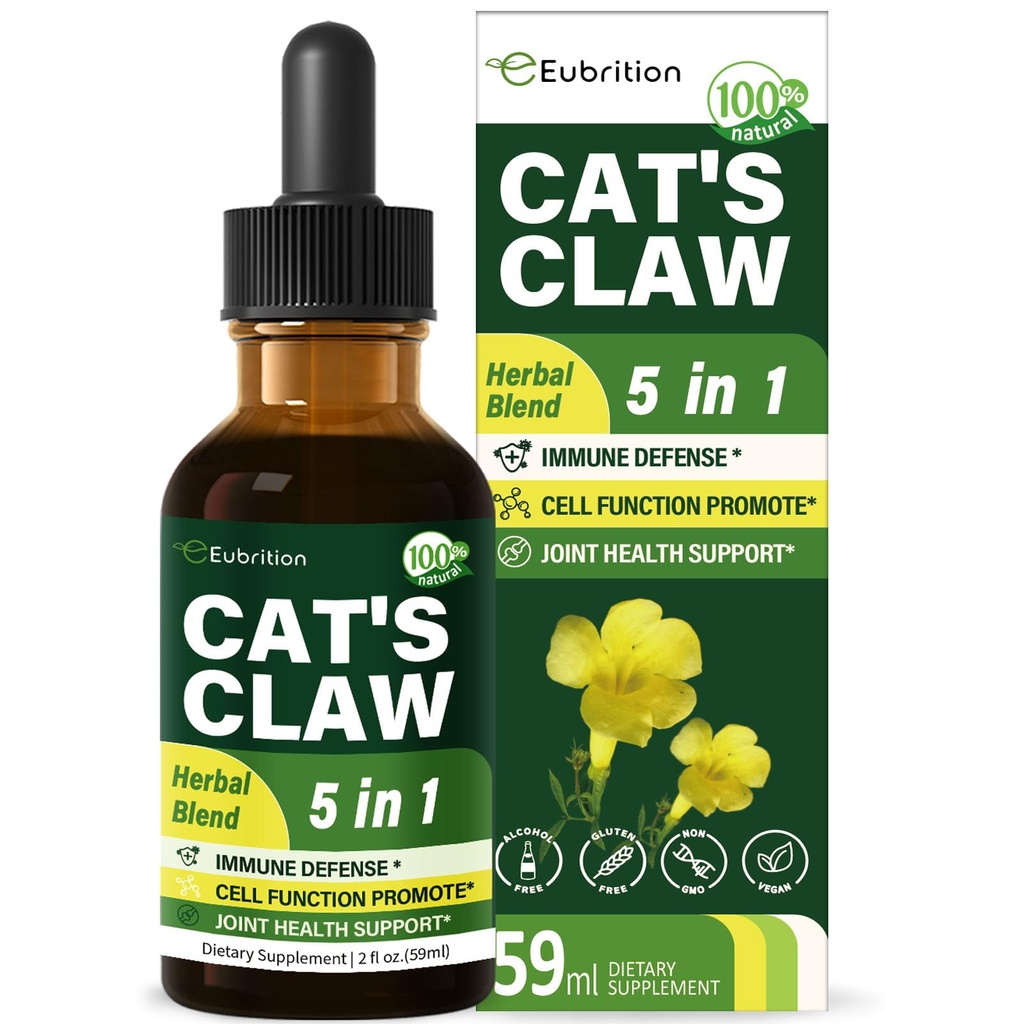 Cat's Claw herb (Uña de Gato) Imūnsupport Liquid Drops, 5-in-1 Ārstniecības augu papildinājums ar Echinacea un plūškoka ekstraktu, bez alkohola Tincture Immunity Boost, locītavu un kaulu veselību. 2 oz