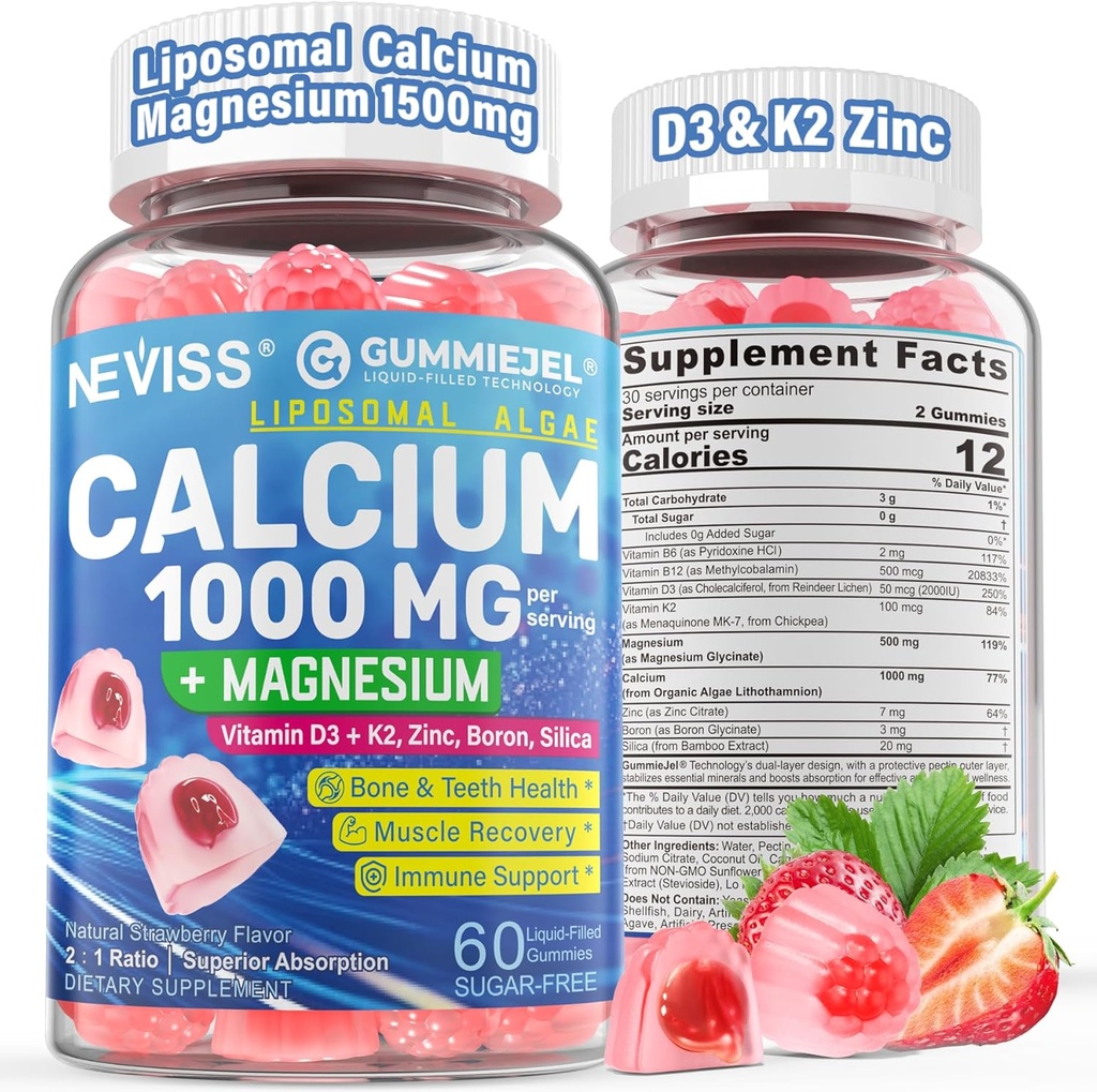 Kalcija piedevas sievietēm, vīriešiem - liposomāls kalcijs 1000mg ar vitamīnu D3 K2, magnija glicināts, cinks, borons, silika kaulu veselībai - bez cukura kalcija magnija cinka Gumijas, Vegan, 60 Skaits