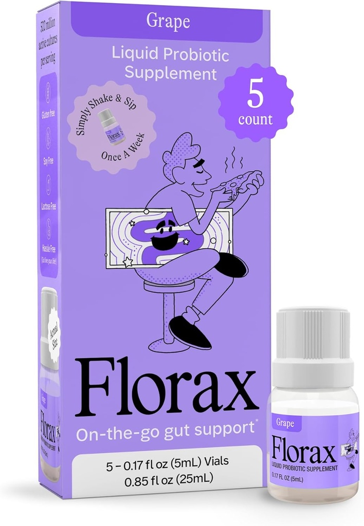 Florax - šķidra probiotika - atbalsts sievietēm, vīriešiem un bērniem - Vegan, bez glutēna, bez laktozes, bez sojas un bez konservantiem - vīnogu uzlējums - 5 flakoni
