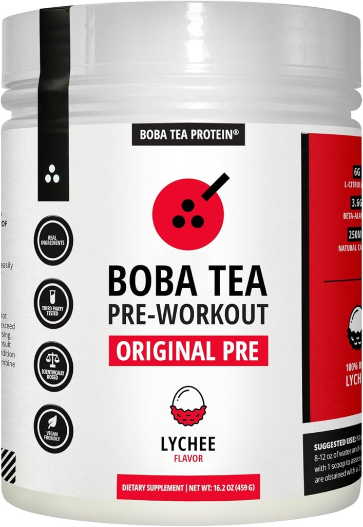 Boba Tēja Pirms treniņa Pulveris - Lychee Flavor - 125-250mg Kofeīns - L-citrullīns, Beta alanīns, Alpha-GPC - Real Sastāvdaļas - Premium Pirms treniņa Pulveris vīriešiem un sievietēm - 20-40 Kalpojumi