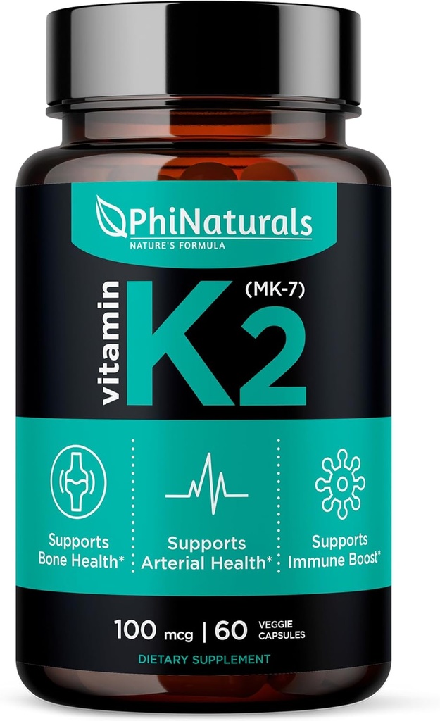 PhiNaturals K2 vitamīns Mk7 100 μg Vegan 60 kapsulas Kaulu veselība Sirds un asinsvadu artērijas - VIT k-2 MK-7 100mkg Papildinājums no Natto