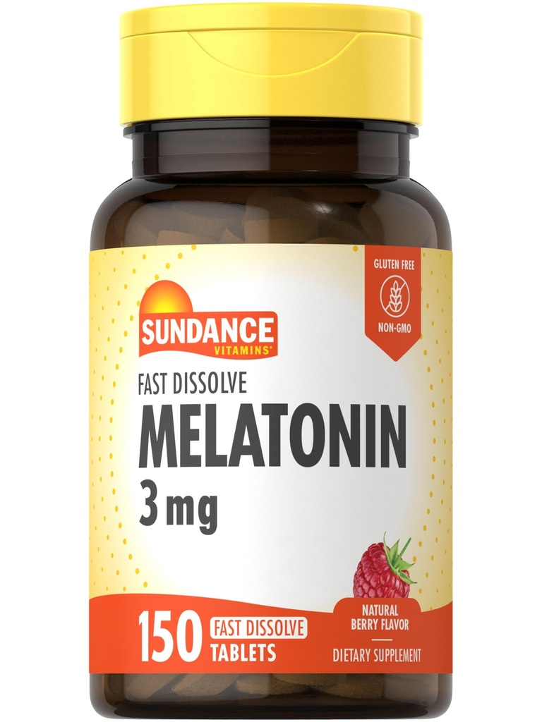 Sundance Melatonin Ātri izšķīdiniet - 3mg - 150 Ātri izšķīdiniet tabletes -- Natural Berry Flavor - Veģetārs, Non-GMO, un lipekļa bezmaksas papildinājums