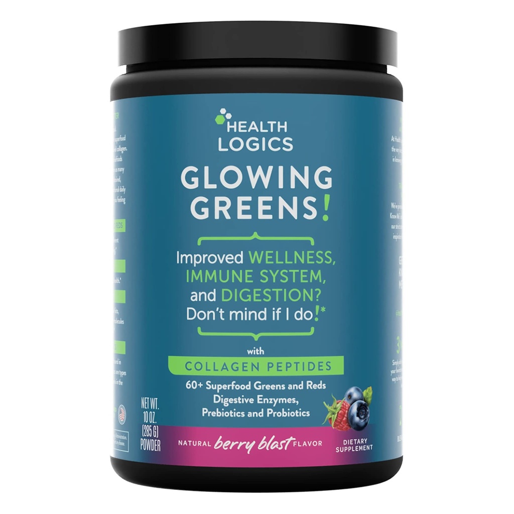 Veselības loģika Glowing Greens Superfood Pulveris ar kolagēna peptīdiem, gremošanas enzīmi, prebiotikas un probiotikas – Antioksidants, uzlabot labsajūtu, imūnās, gremošanas un Gut veselības atbalsts