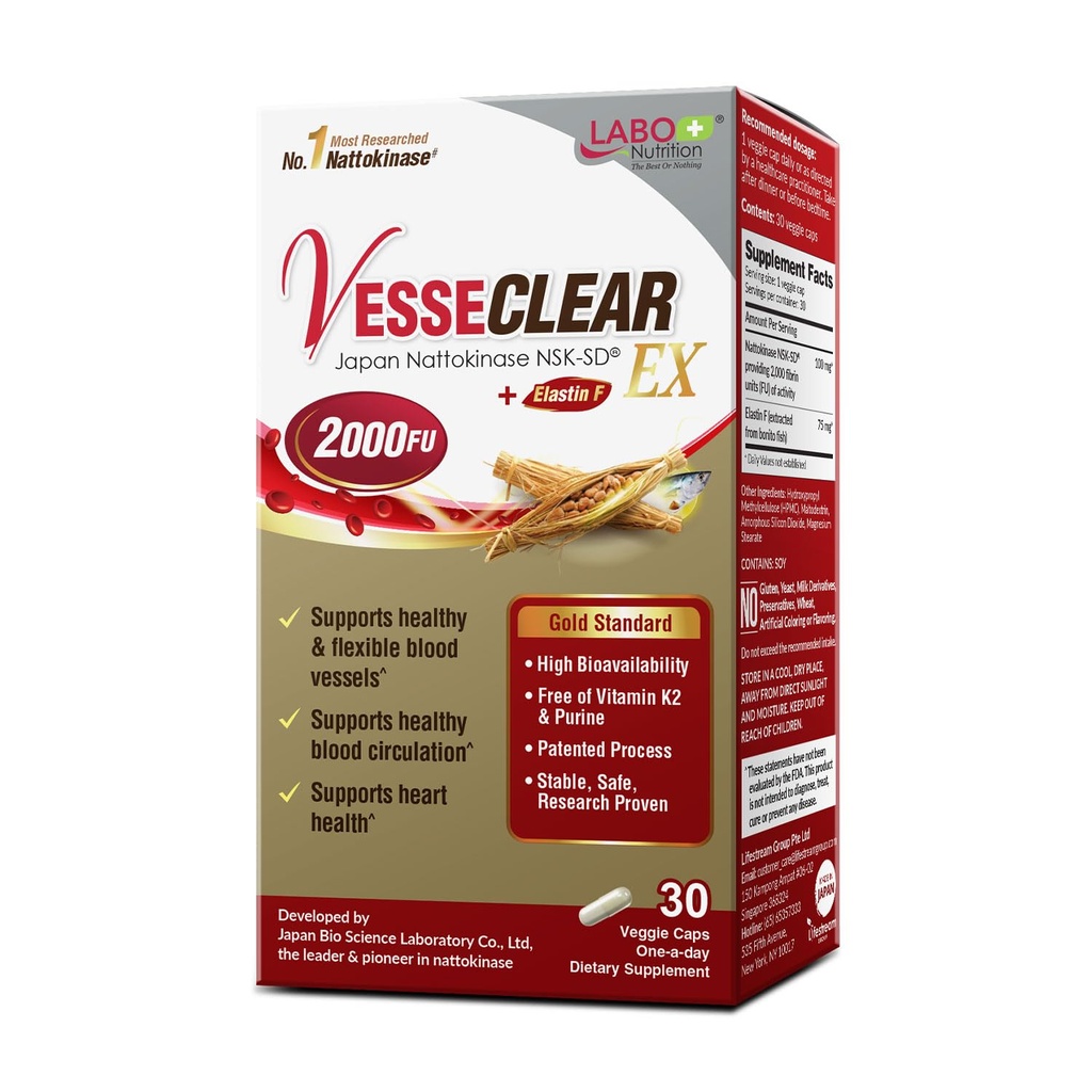 LABO Nutrition Vesseclear EX: Nattokinase NSK-SD+Elastin F tīram un elastīgam asinsvadam.