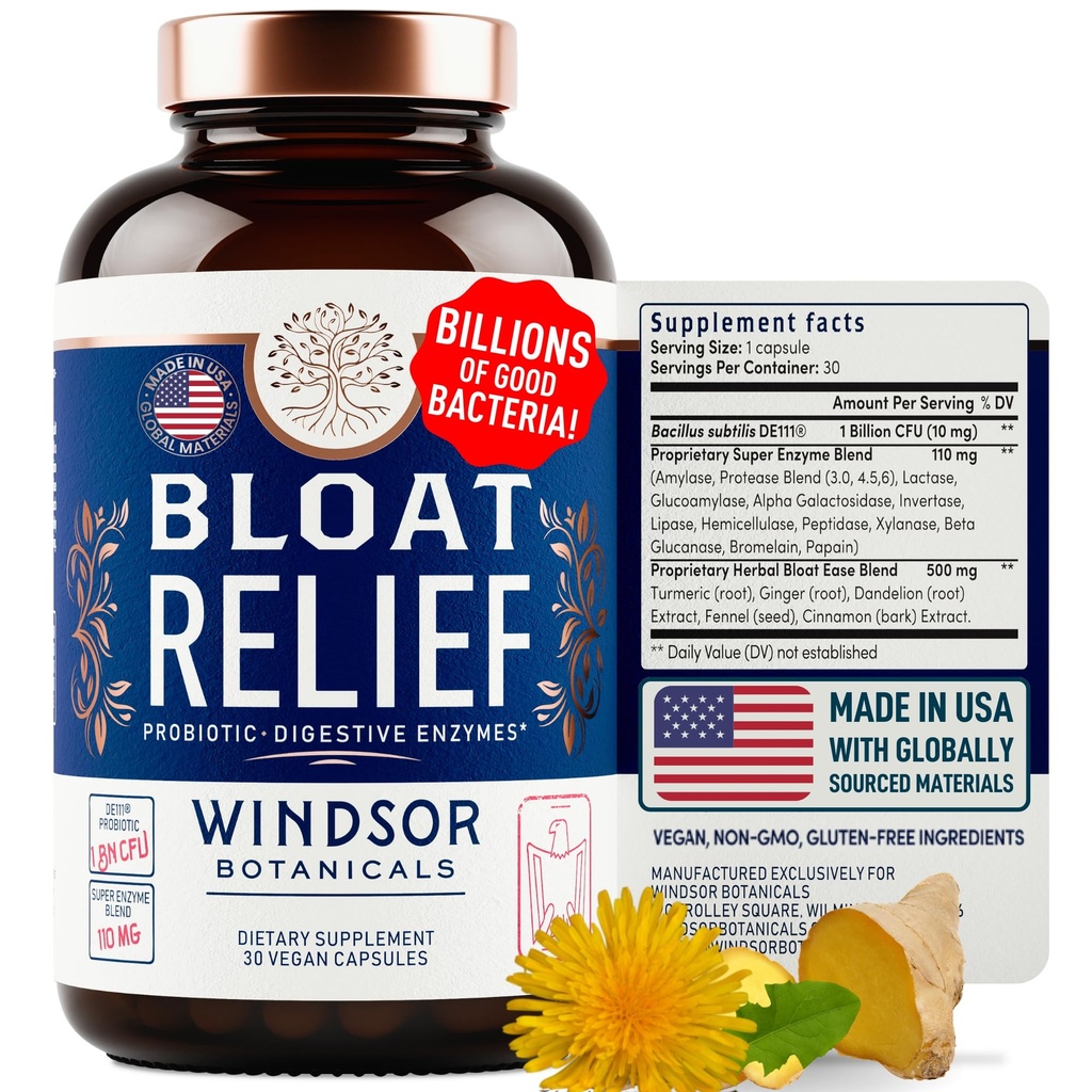 Bloat Relief Probiotikas un Gremošanas Fermenti - Anti Bloating Turmeric, Fenhelen, Bromelain IBS Papildinājums - Detox Debloat Kapsulas Gāze - Bloating Relief sievietēm un vīriešiem - 30 Gut Health Tabletes