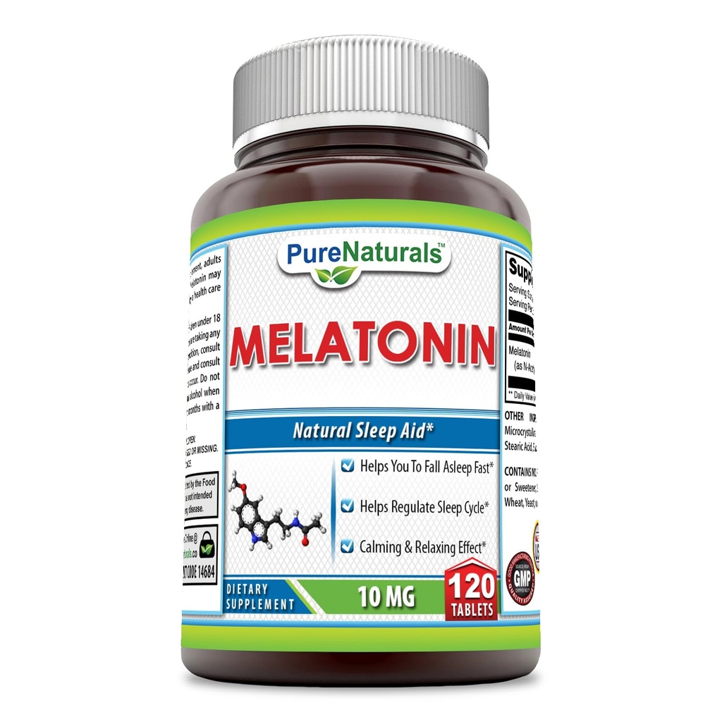 Pure Naturals Melatonīna papildinājums - 10 Mg Per Servē - 120 tabletes - Non-GMO --Free Gluten -Free Izgatavots ASV